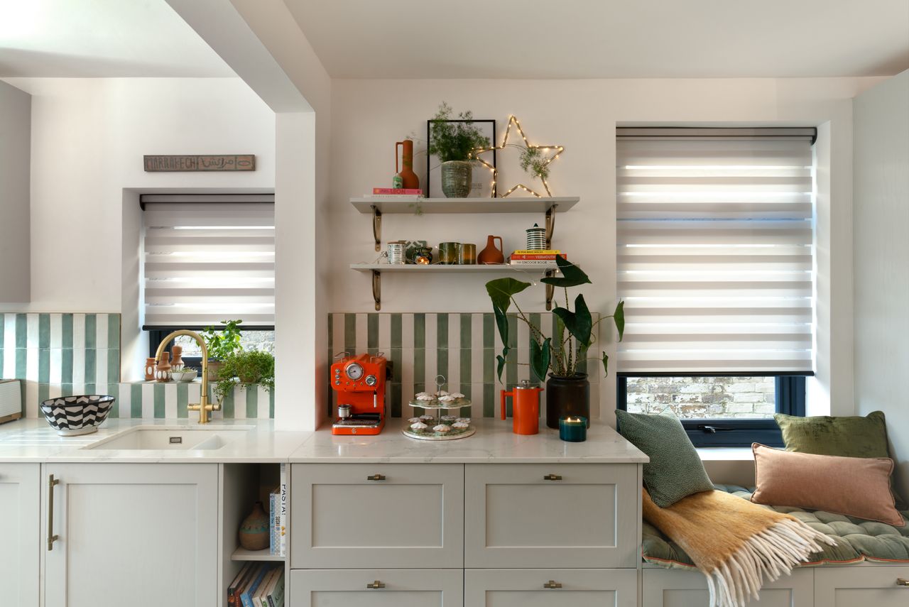 Dawn Light Grey Electric day &amp; night blinds in kitchen