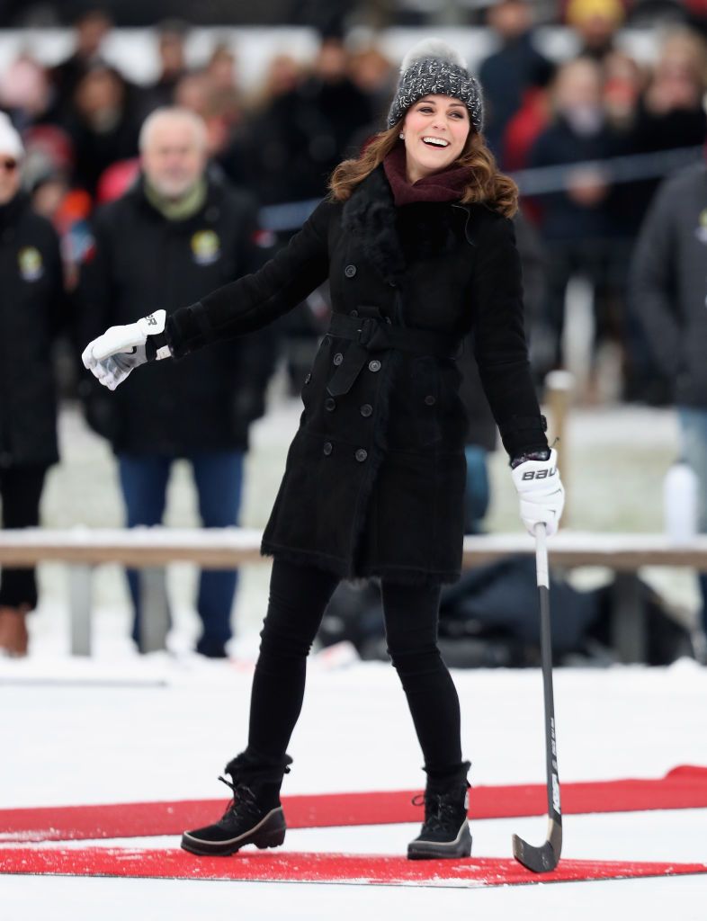 Catherine, Duchess of Cambridge attends a Bandy hockey match where they will learn more about the popularity of the sport during day one of their Royal visit to Sweden and Norway on January 30, 2018 in Stockholm, Sweden