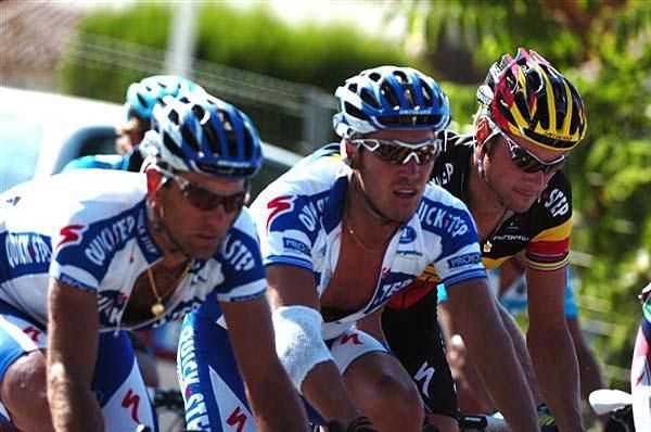 Behind his Quick Step teammates, Belgian champion Tom Boonen rides protected.