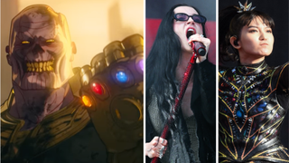 A screenshot from the trailer for Marvel Zombies, next to pictures of Poppy and Babymetal performing live