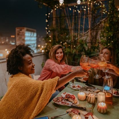 Young women gather for dinner at someone's home and toast with wine glasses. 