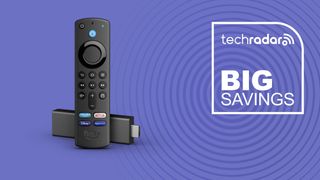 Amazon Fire TV Stick Lite on purple background with TechRadar big savings sign