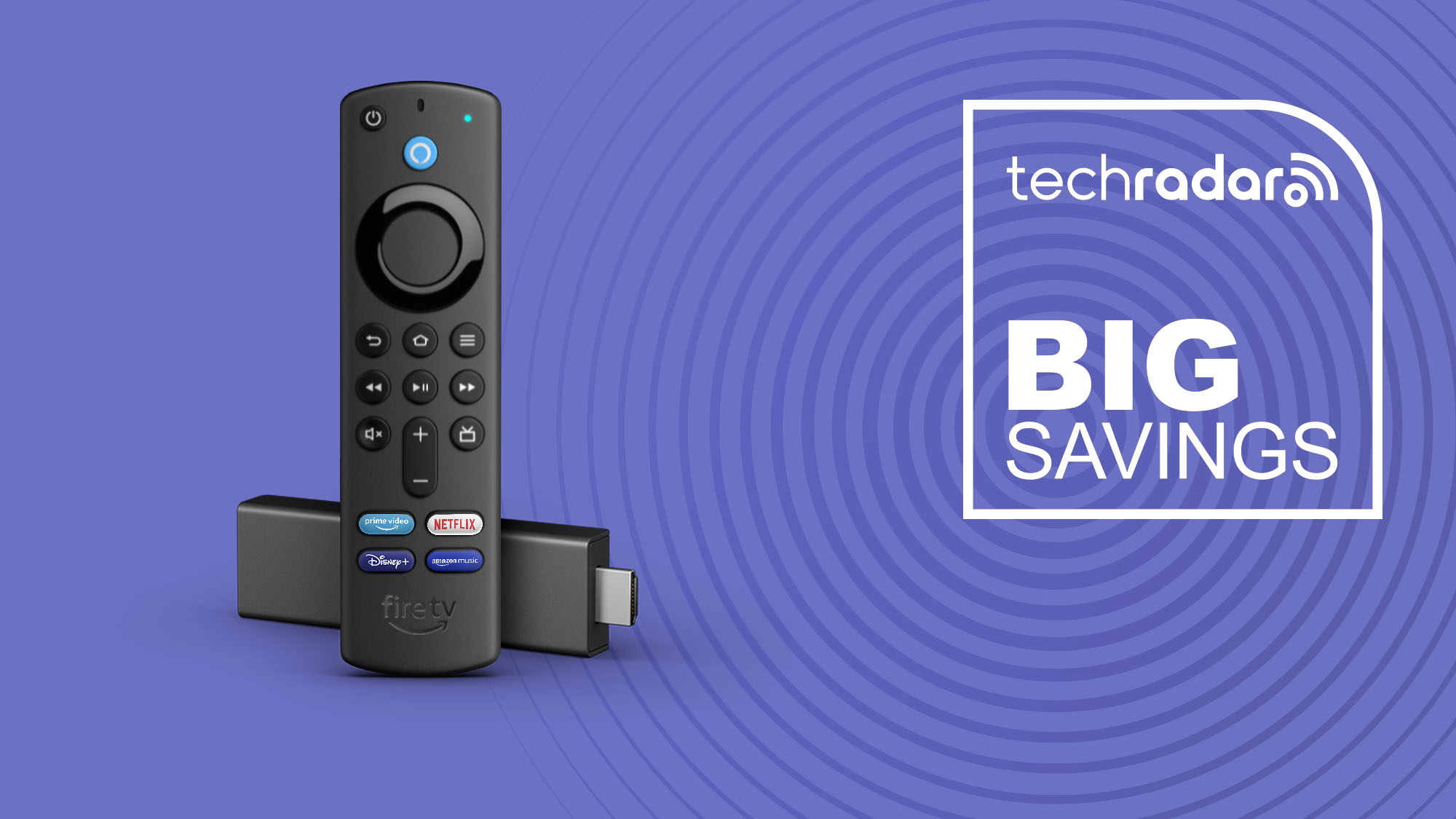 Amazon Fire TV Stick Lite on purple background with TechRadar big savings sign