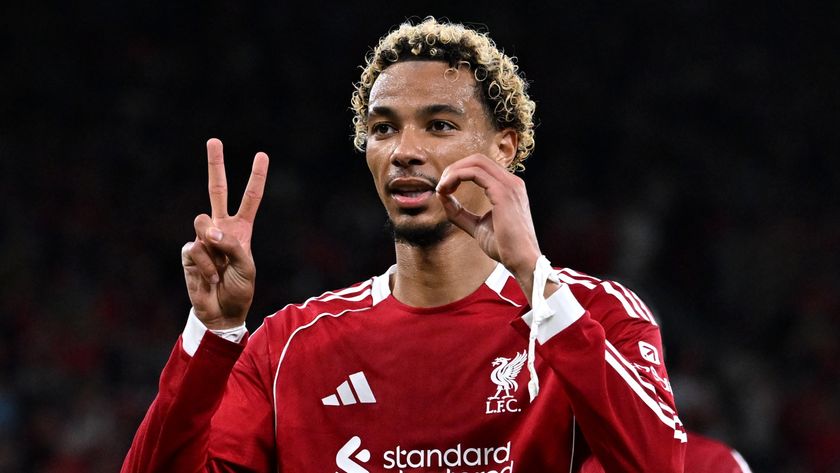 Hugo Ekitike of Liverpool celebrates scoring his team&#039;s first goal during the Premier League match between Liverpool and Bournemouth at Anfield on August 15, 2025 in Liverpool, England. 