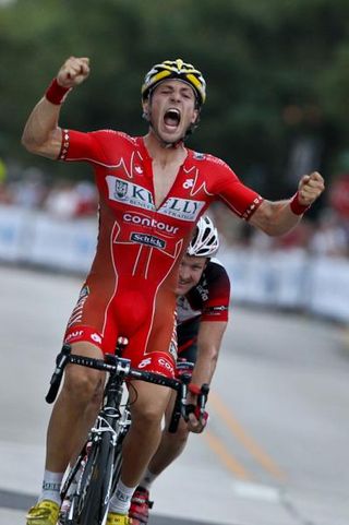 Canada's David Veilleux (Kelly Benefit Strategies), first across the finish line at the 2010 US professional criterium championship, will be unable to compete in future editions as only US riders will be eligible to start.