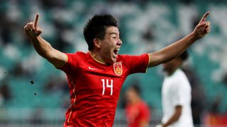 Xu Bin of China's national soccer team lets out a roar of excitement as he celebrates a goal prior to the 2024 Asian Cup – aka Qatar 2023