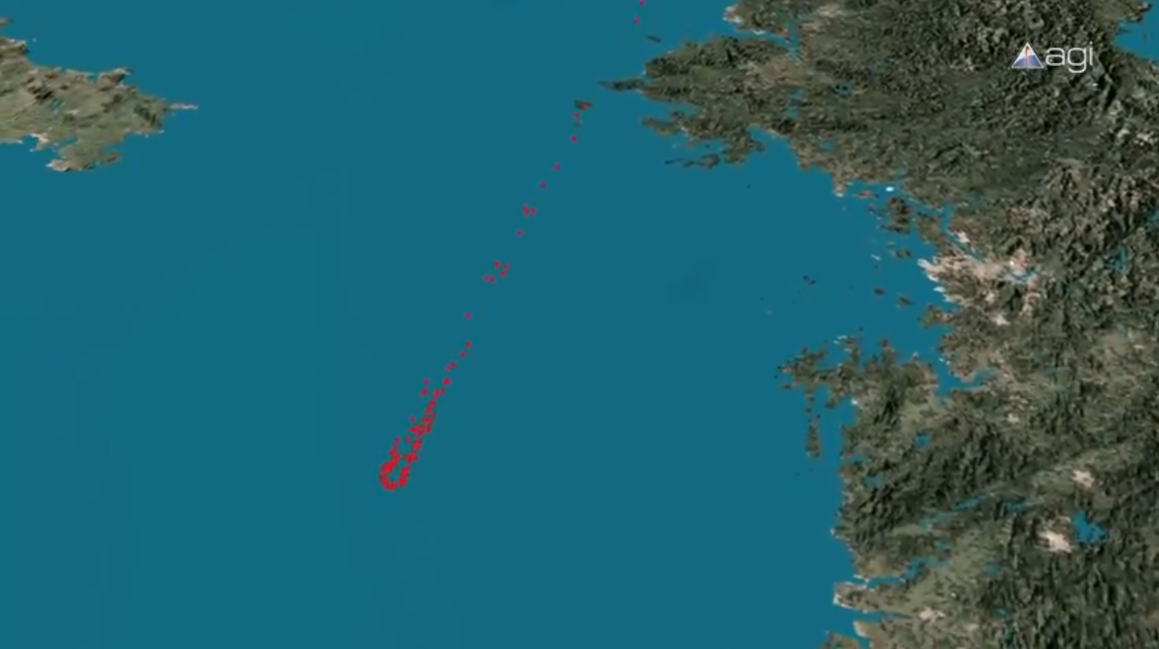 The debris field left from break up and crash of North Korea&#039;s Unha-3 rocket shortly after its April 13, 2012 launch is depicted in red in this still from an Analytical Graphics, Inc., simulation. North Korea is located at upper right.