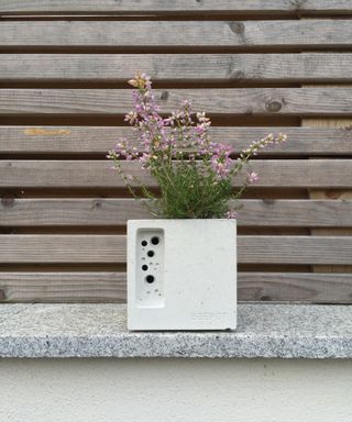 Small concrete planter with built in bee house