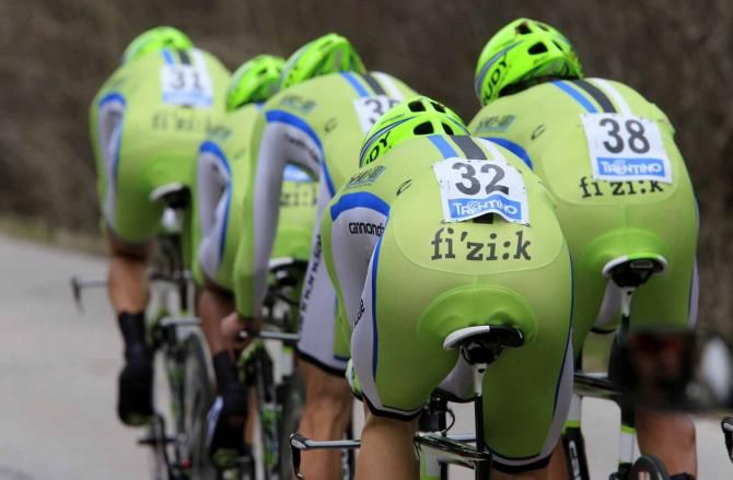 Elia Viviani at the back of the Cannondale formation during the team time trial.