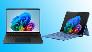 Surface Laptop 7 and Surface Pro 11 against blue gradient background