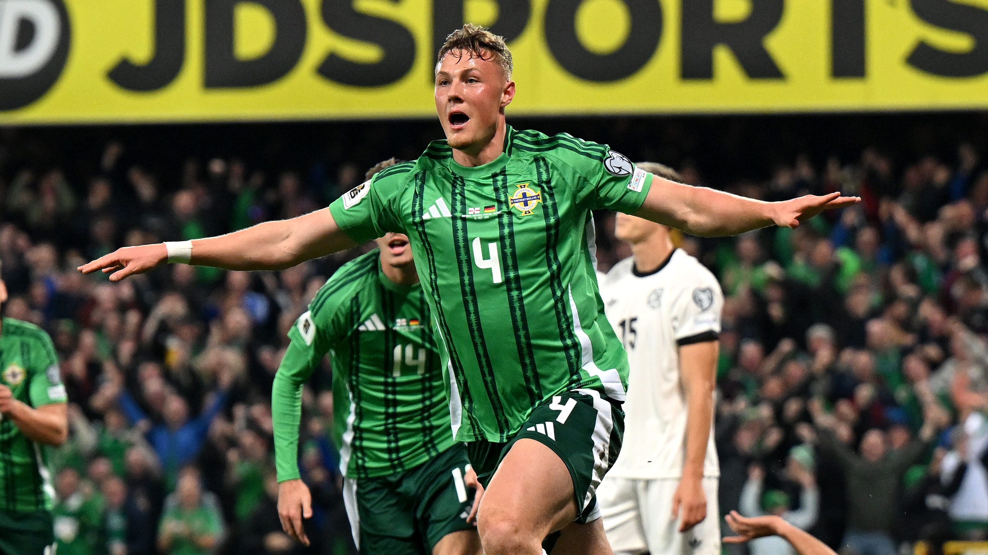 Daniel Ballard of Northern Ireland celebrates scoring a goal which was later ruled out for offside during the FIFA World Cup 2026 qualifier match between Northern Ireland and Germany at Windsor Park on October 13, 2025 in Belfast, Northern Ireland. 