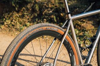 Images shows a Hutchinson Touareg gravel tire fitted to a gravel bike