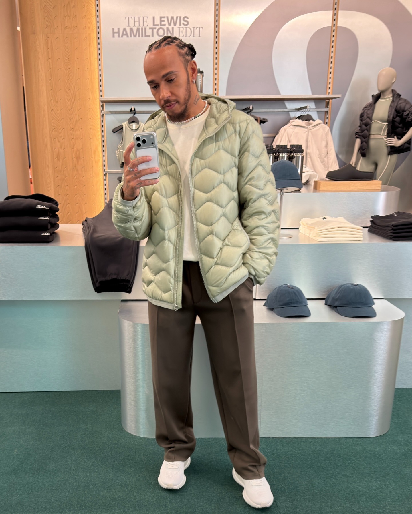 Lewis Hamilton wearing Lululemon clothing.