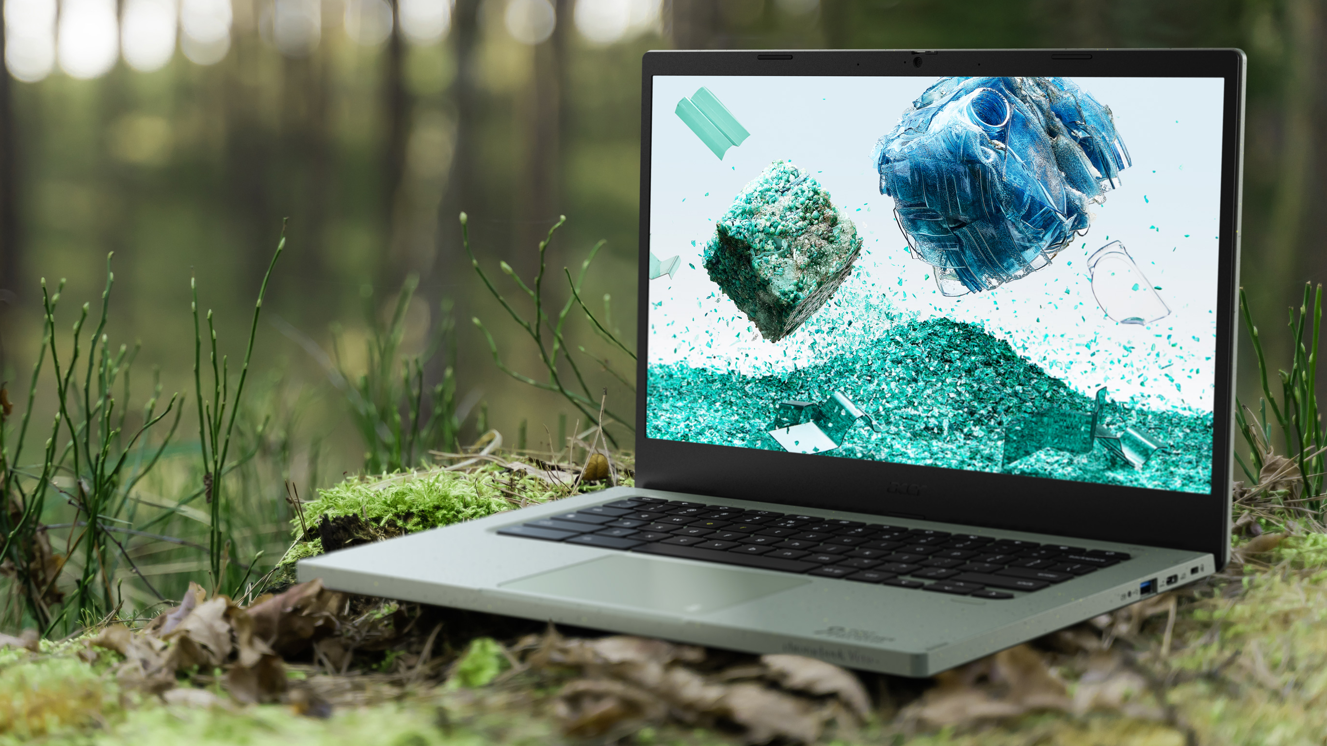 Acer Chromebook Vero 514 promo image showing laptop open in forest setting