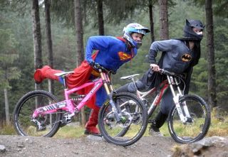 Local heroes Joe Barnes and Fergus Lamb get ready for take off at Aonach Mor ahead of the 10th anniversary of the Fort William Mountain Bike World Cup.