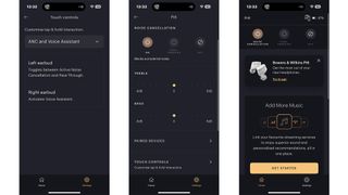 Bowers & Wilkins Pi6 wireless in-ears app on three smartphone screens