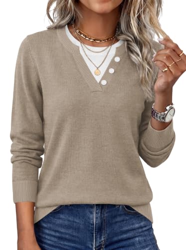 Women's Sweaters Long Sleeve Crew Neck Pullover Top Teacher Outfits Beige M