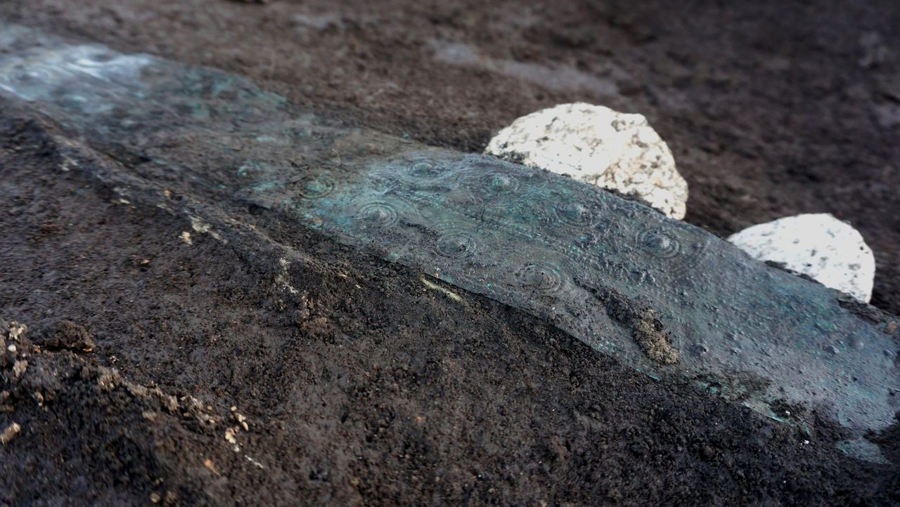 Bronze belts uncovered at a necropolis near Amorosi, Italy.