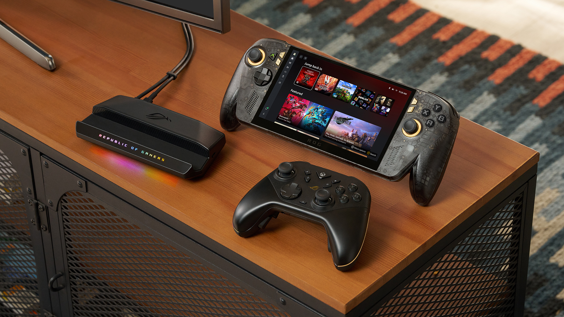 Asus ROG Xbox Ally X20 handheld on a desk with accessories
