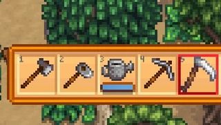 The tool hotbar in Stardew Valley.