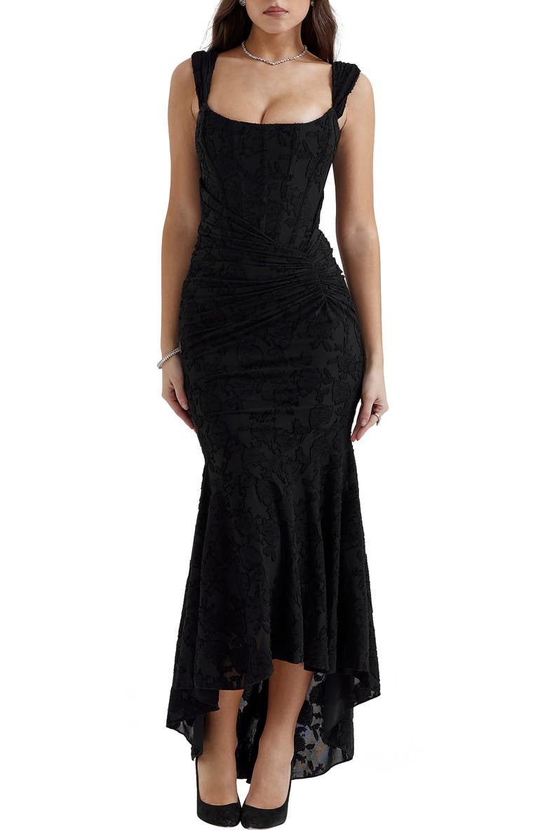 Cesca Floral Ruched High-Low Corset Dress