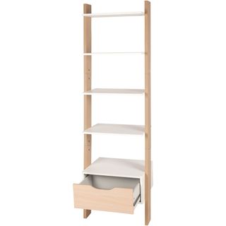 ladder with shelving unit and white shelves