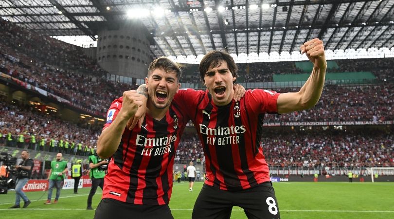 Brahim Diaz and Sandro Tonai celebrate AC Milan&#039;s win over Atalanta at San Siro.