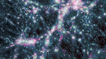 An artists interpretation of magnetic field lines radiating from the cosmic web.