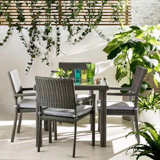 cushioned chairs around an outdoor dining table