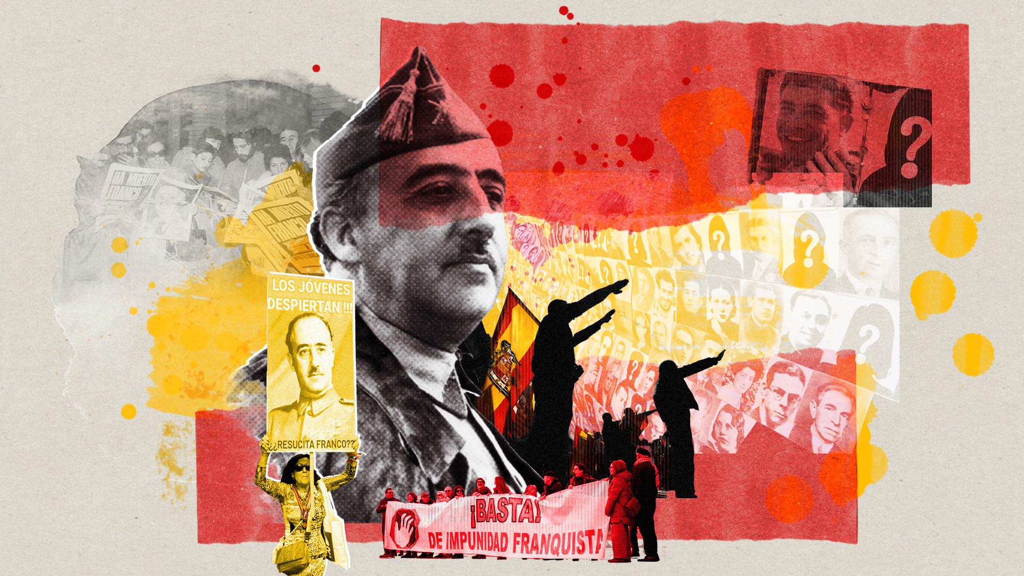 A collage of imagery relating to Francisco Franco, including his photograph, images of missing people, and protest banners