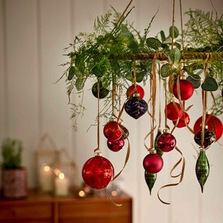 Hanging red Christmas baubles