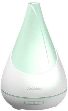 Vocolinc FlowerBud diffuser shining green on a white background