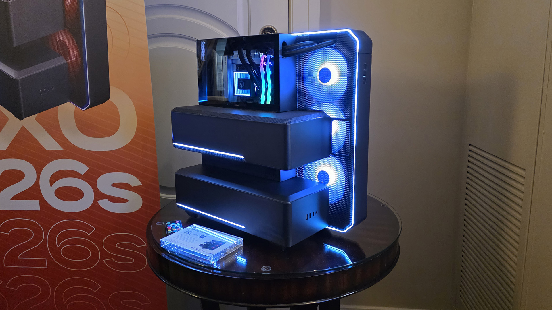 The Phanteks Exo 626s multi-chamber case at the CES showfloor