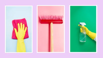cleaning supplies on pastel-colored backgrounds