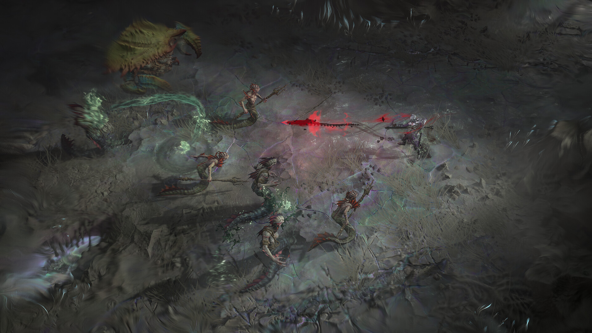 Demonic enemies approach a player in Diablo 4: Lord of Hatred, who blasts them with a snaking red projectile