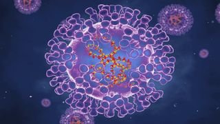 A digital rendering showing an ovular virus molecule with a textured surface and double-stranded DNA