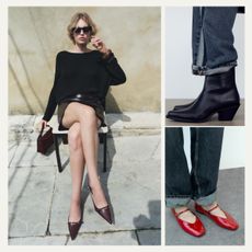 Burgundy slingbacks, black cowboy boots, red ballet flats