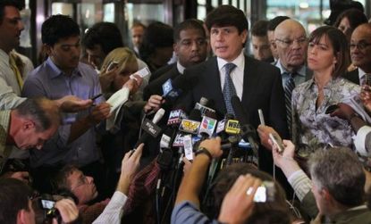 Former Illinois Governor Rod Blagojevich speaks to the press following a verdict at his corruption trial in Chicago.
