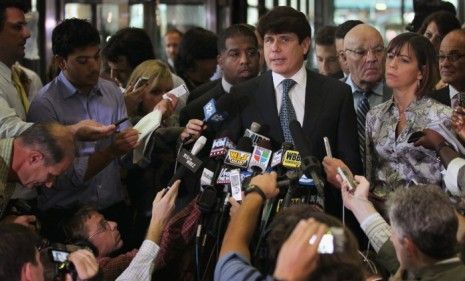 Former Illinois Governor Rod Blagojevich speaks to the press following a verdict at his corruption trial in Chicago.