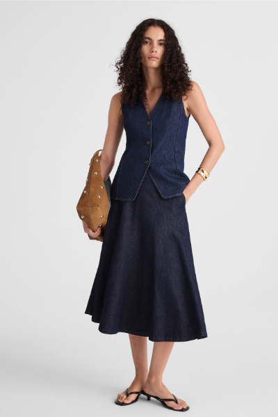 Madewell, Flared Denim Midi Skirt in Rinse Wash