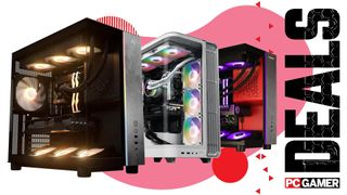 Three gaming PCs on a custom PC Gamer Deals background.