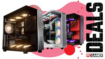 Three gaming PCs on a custom PC Gamer Deals background.