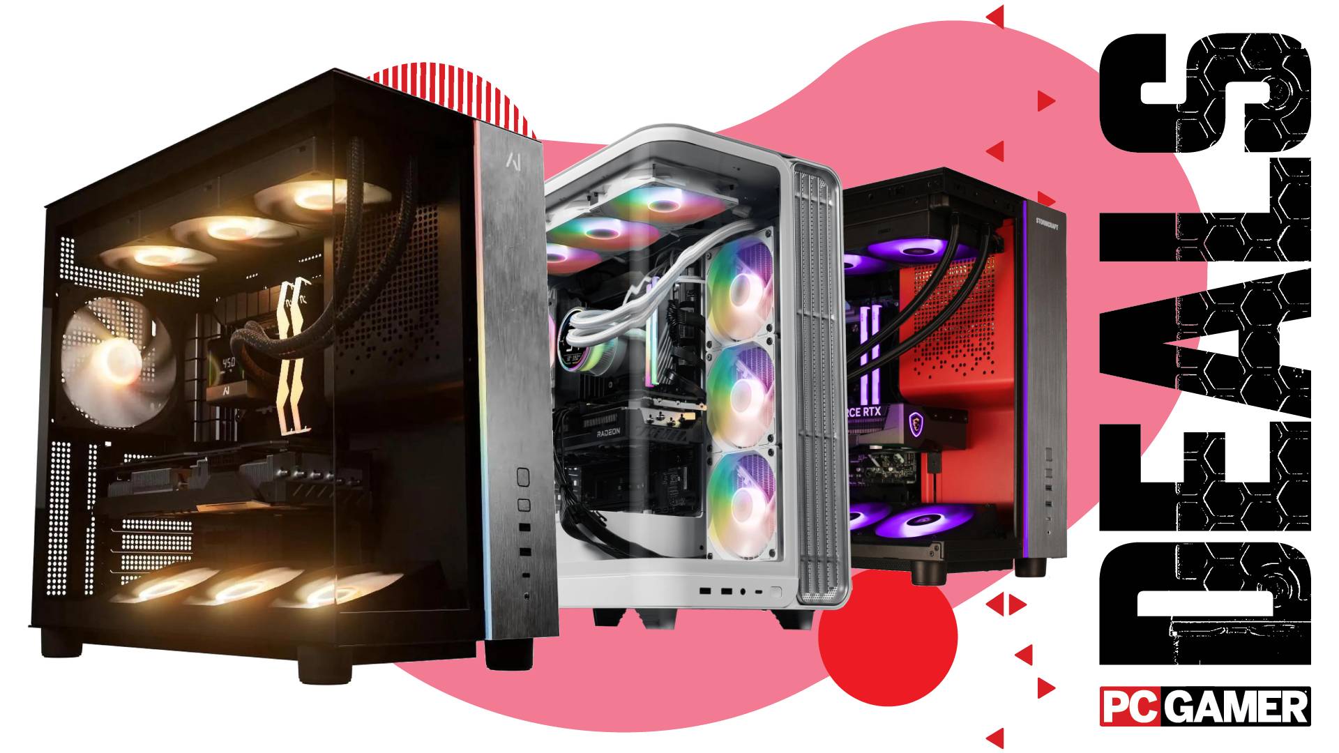 Three gaming PCs on a custom PC Gamer Deals background.