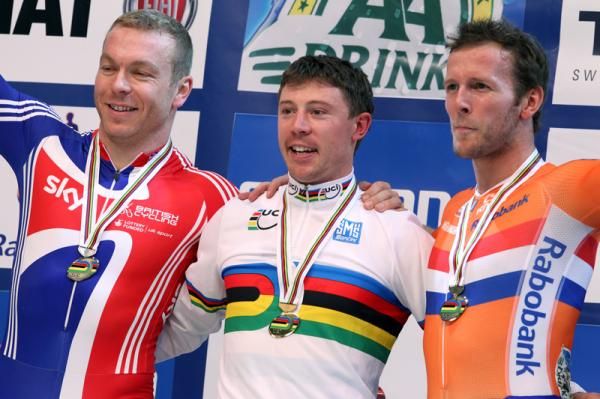 The Keirin podium (l-r): Chris Hoy, Shane Perkins and Teun Mulder.