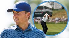 Jordan Spieth close up image and inset image of Jordan Spieth hitting a chip shot around the green