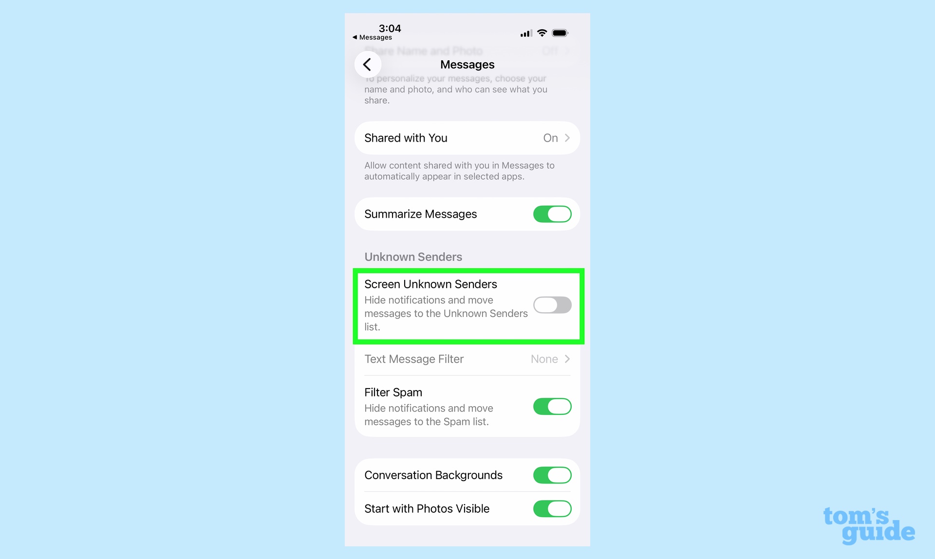 slide on the Screen Unknown Senders toggle