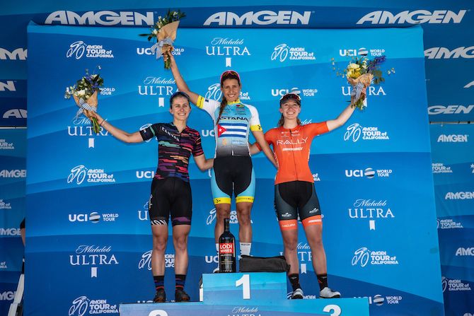 The stage 3 podium at the 2018 Amgen Women's Race in Sacramento: winner Arlenis Sierra (Astana) with Canyon-SRAM's Alexis Ryan and Emma White (Rally Cycling)