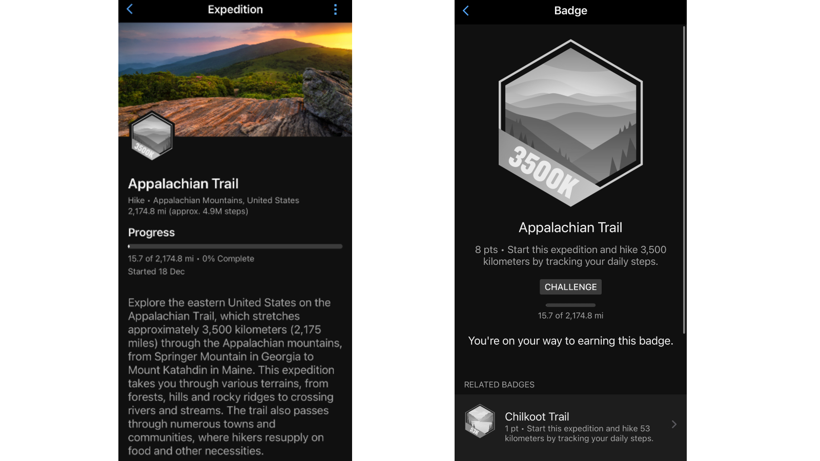 Garmin Connect Appalachian Trail badge