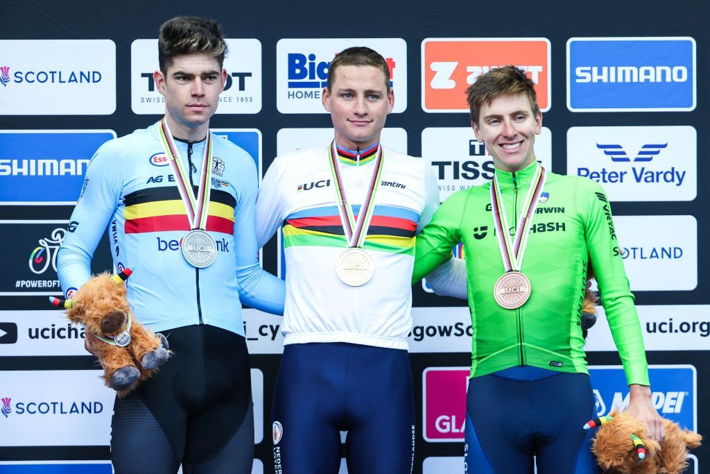 Elite men&rsquo;s road race podium (l-r): Wout Van Aert (Belgium) in second, winner Mathieu van der Poel (Belgium) and Tadej Pogačar (Slovenia) in third