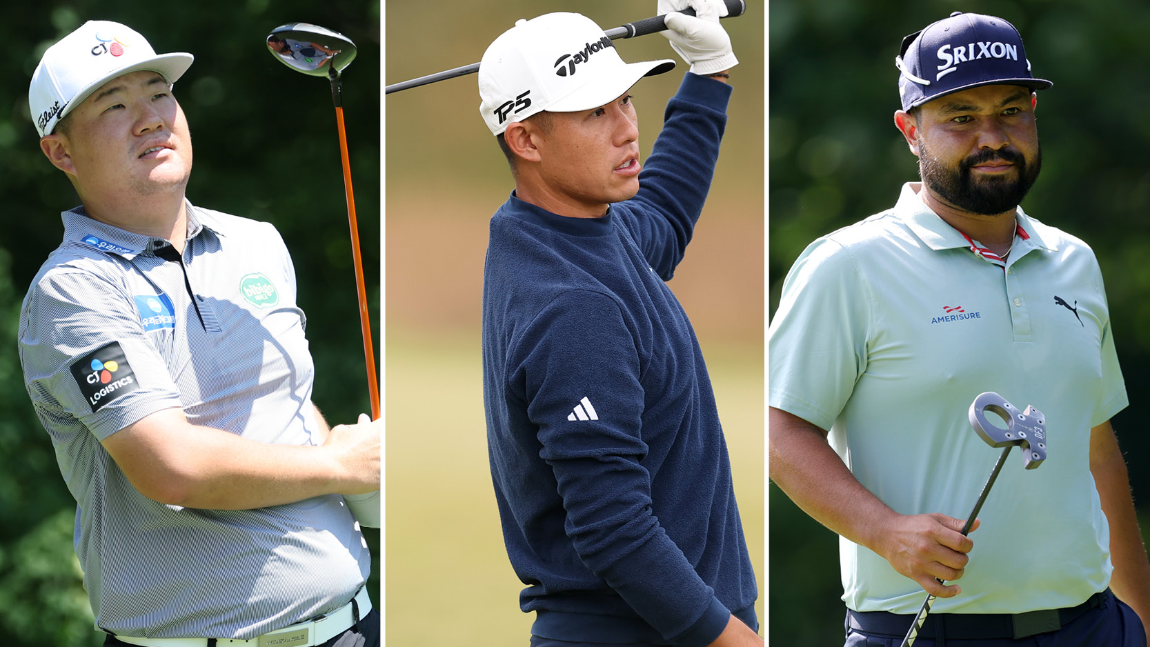 Sungjae Im watches a tee shot, Collin Moriawa watches a second shot and JJ Spaun walks on the green with a putter